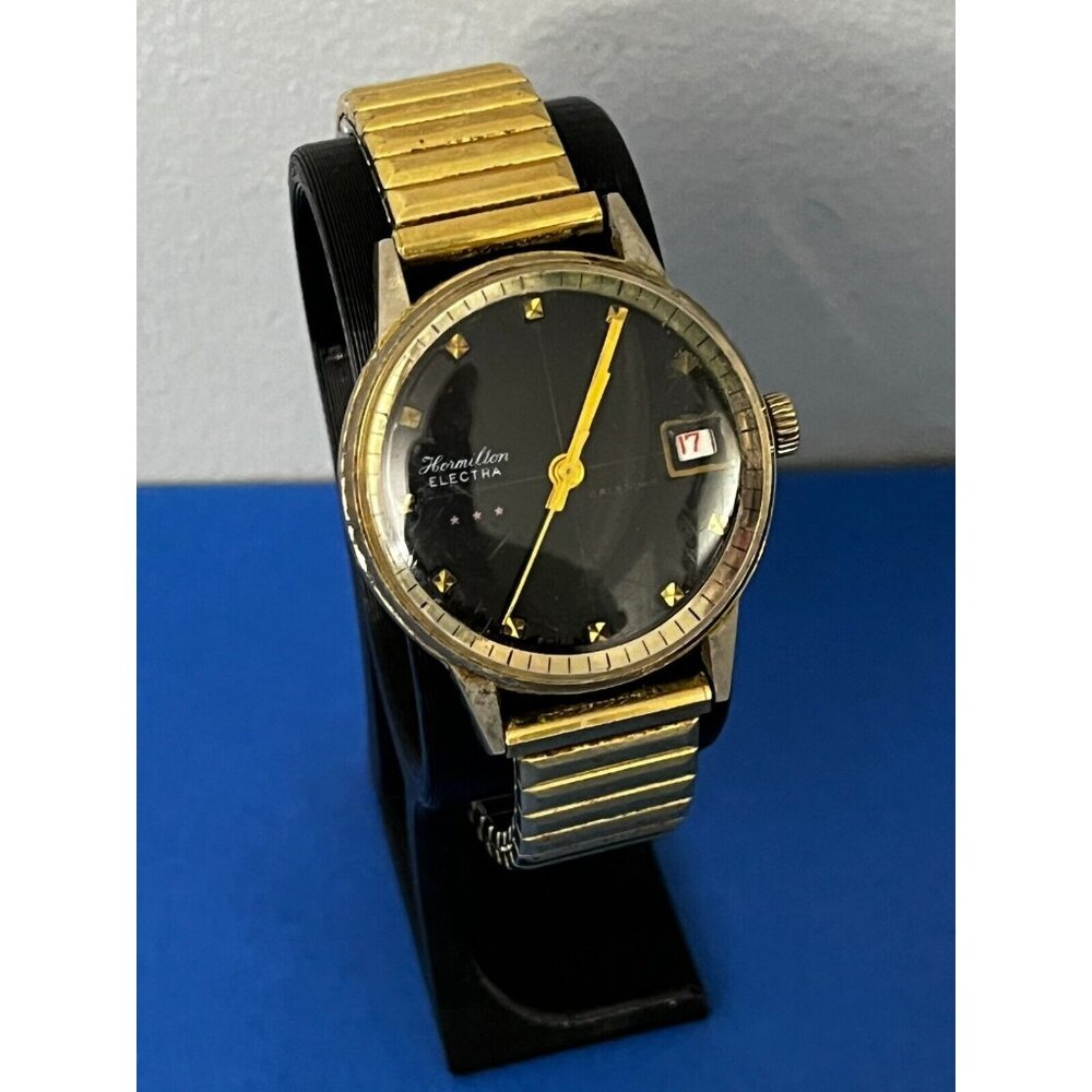 Vintage Men’s hormilton Electra Date Swiss Quartz Watch 10k GF Band Black